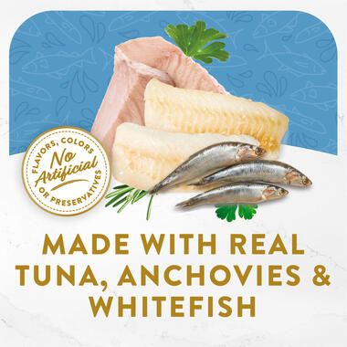 made with real tuna, anchovies, and white fish
