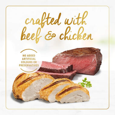 Crafted with beef and chicken